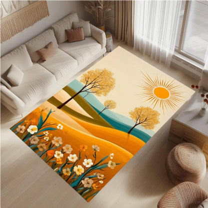 Abstract Landscape Area Rug, Modern Sun Field Carpet, Minimalist Nature Decor Rug, Boho Floral Scenic Rug, Washable Non Slip Area Rug