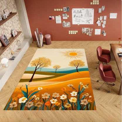Abstract Landscape Area Rug, Modern Sun Field Carpet, Minimalist Nature Decor Rug, Boho Floral Scenic Rug, Washable Non Slip Area Rug