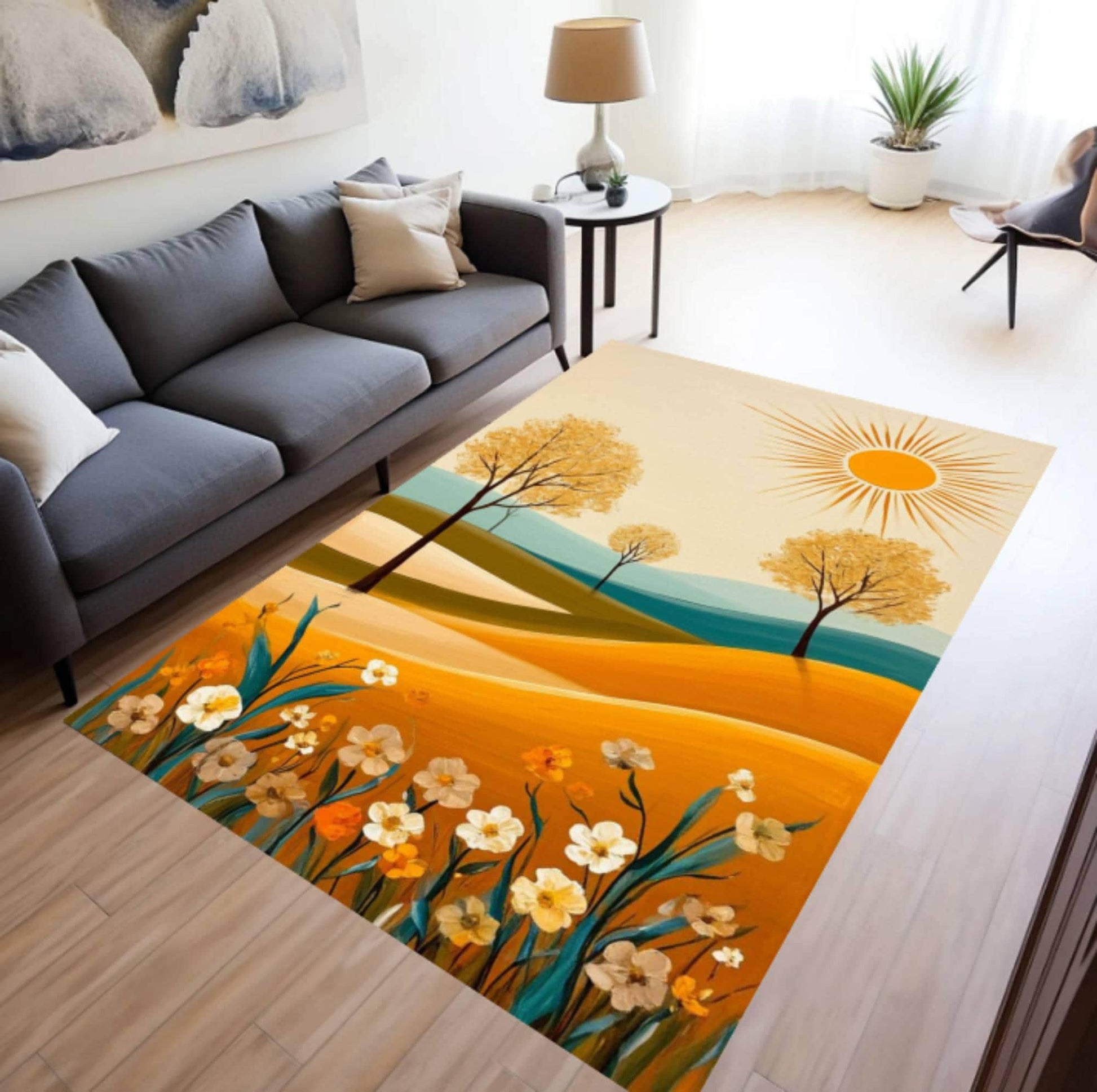Abstract Landscape Area Rug, Modern Sun Field Carpet, Minimalist Nature Decor Rug, Boho Floral Scenic Rug, Washable Non Slip Area Rug
