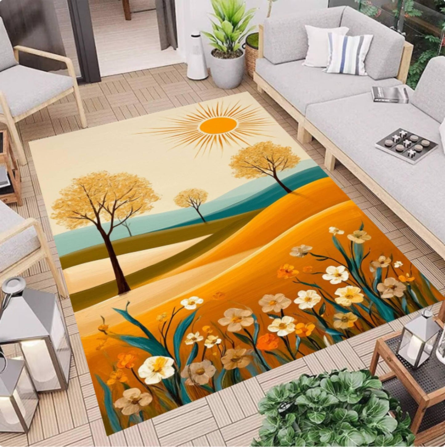 Abstract Landscape Area Rug, Modern Sun Field Carpet, Minimalist Nature Decor Rug, Boho Floral Scenic Rug, Washable Non Slip Area Rug