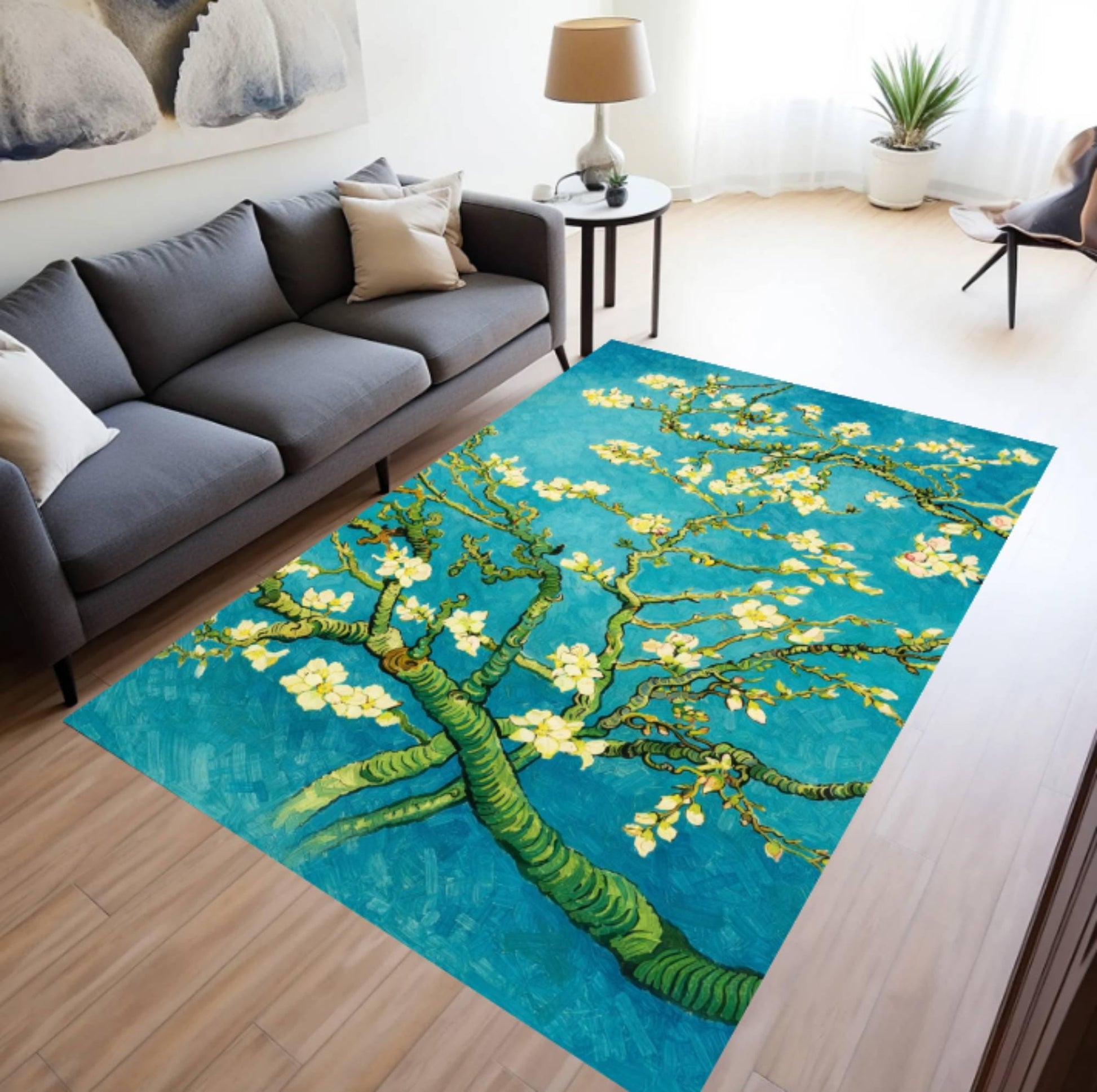 Almond Blossom Art Rug, Impressionist Floral Area Rug, Blue Aesthetic Art Carpet, Vintage Painting Inspired Rug, Washable Non Slip Area Rug