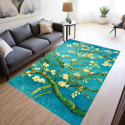 Almond Blossom Art Rug, Impressionist Floral Area Rug, Blue Aesthetic Art Carpet, Vintage Painting Inspired Rug, Washable Non Slip Area Rug