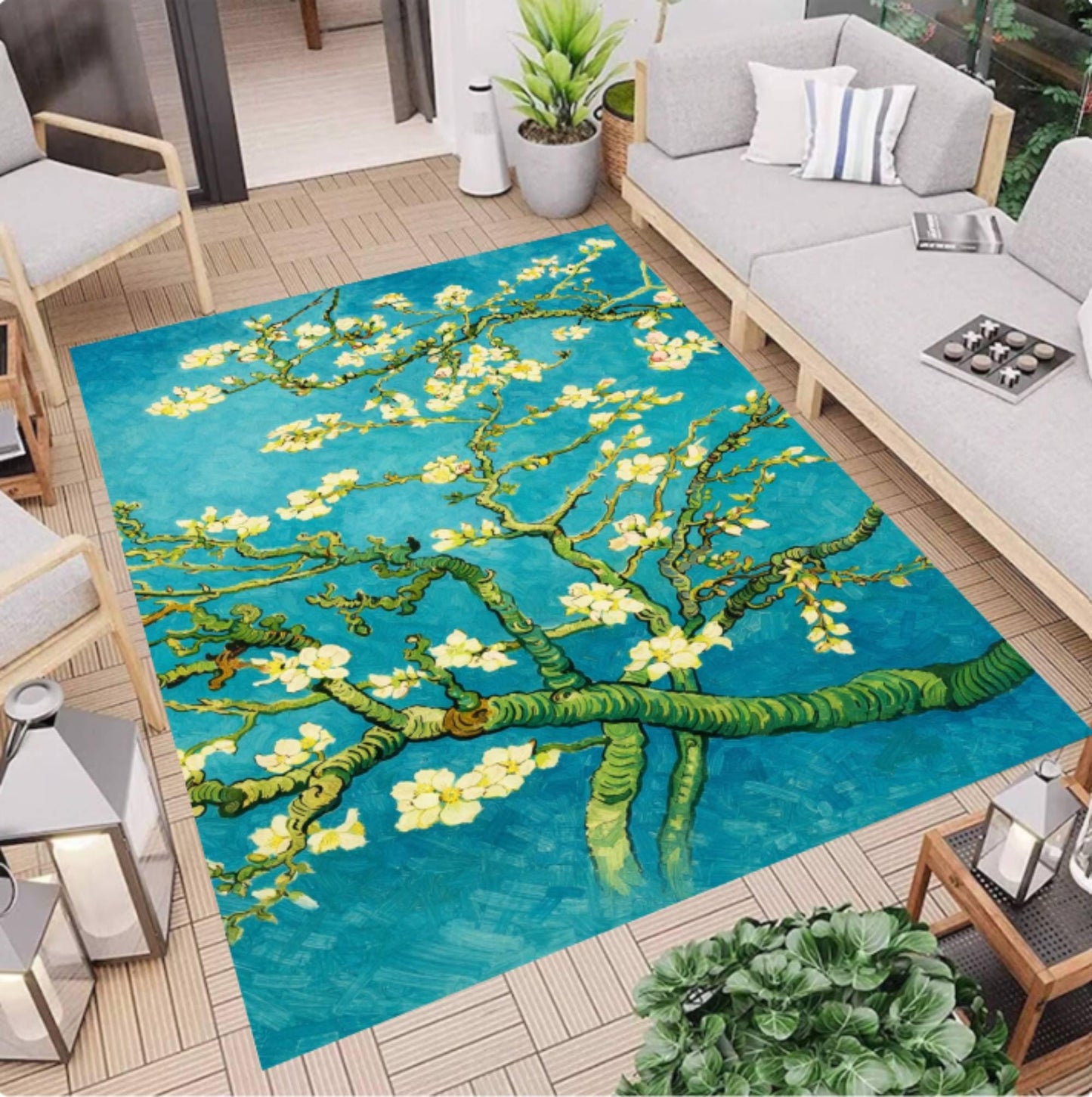 Almond Blossom Art Rug, Impressionist Floral Area Rug, Blue Aesthetic Art Carpet, Vintage Painting Inspired Rug, Washable Non Slip Area Rug