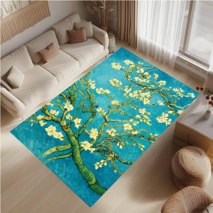 Almond Blossom Art Rug, Impressionist Floral Area Rug, Blue Aesthetic Art Carpet, Vintage Painting Inspired Rug, Washable Non Slip Area Rug