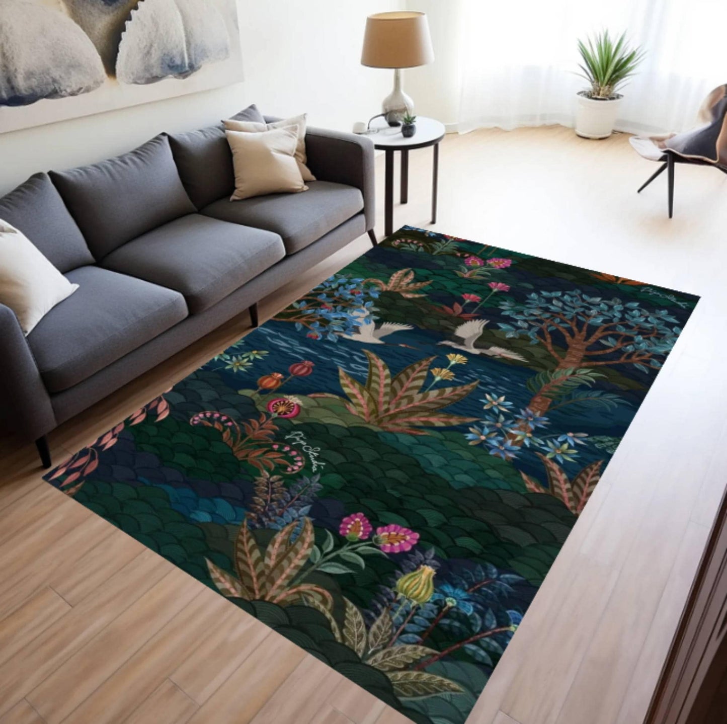 Dark Botanical Forest Rug - Maximalist Jungle & Exotic Birds Washable Area Rug