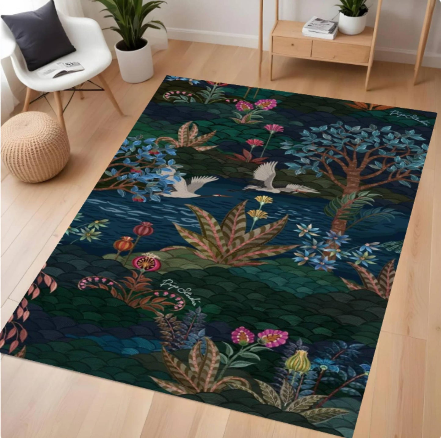 Decorative rug with nature-themed design on a wooden floor