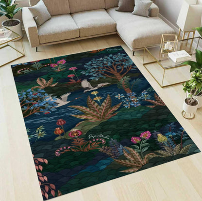 Dark Botanical Forest Rug - Maximalist Jungle & Exotic Birds Washable Area Rug