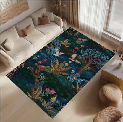 Dark Botanical Forest Rug - Maximalist Jungle & Exotic Birds Washable Area Rug