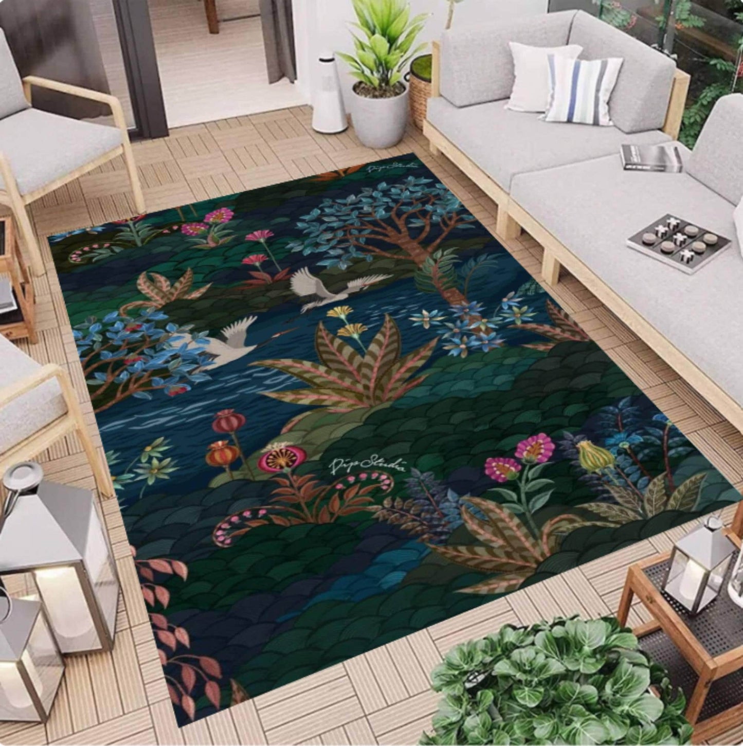Dark Botanical Forest Rug - Maximalist Jungle & Exotic Birds Washable Area Rug