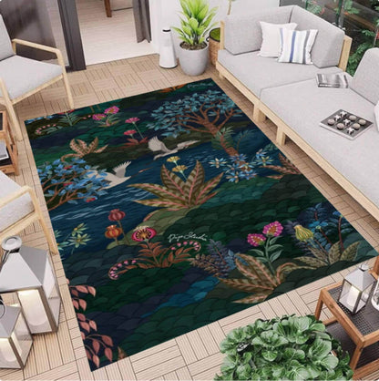 Dark Botanical Forest Rug - Maximalist Jungle & Exotic Birds Washable Area Rug
