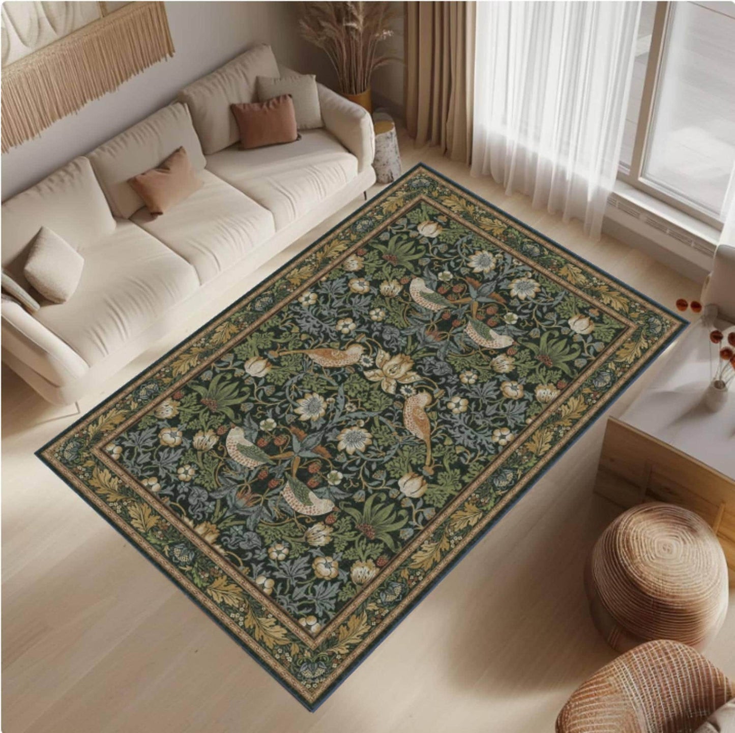Rug in William Morris Style Vintage Botanical Bird Rug