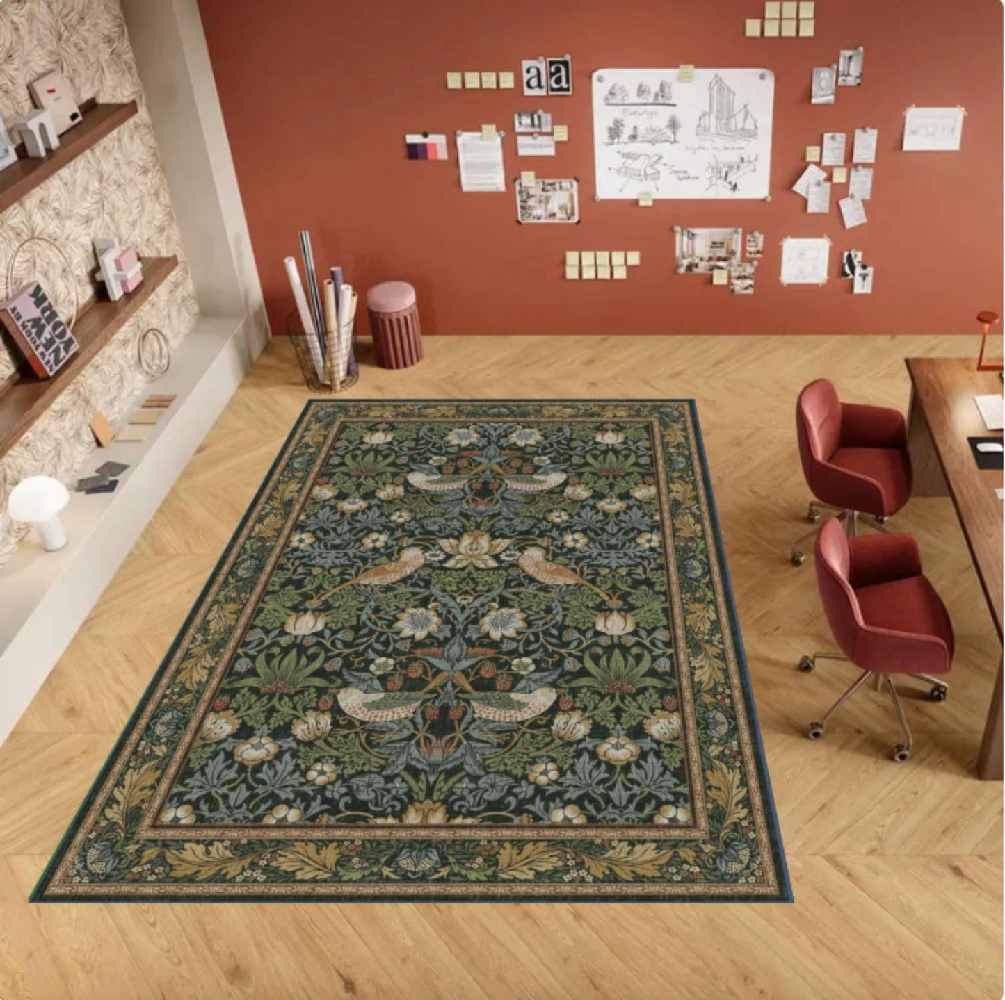 Rug in William Morris Style Vintage Botanical Bird Rug
