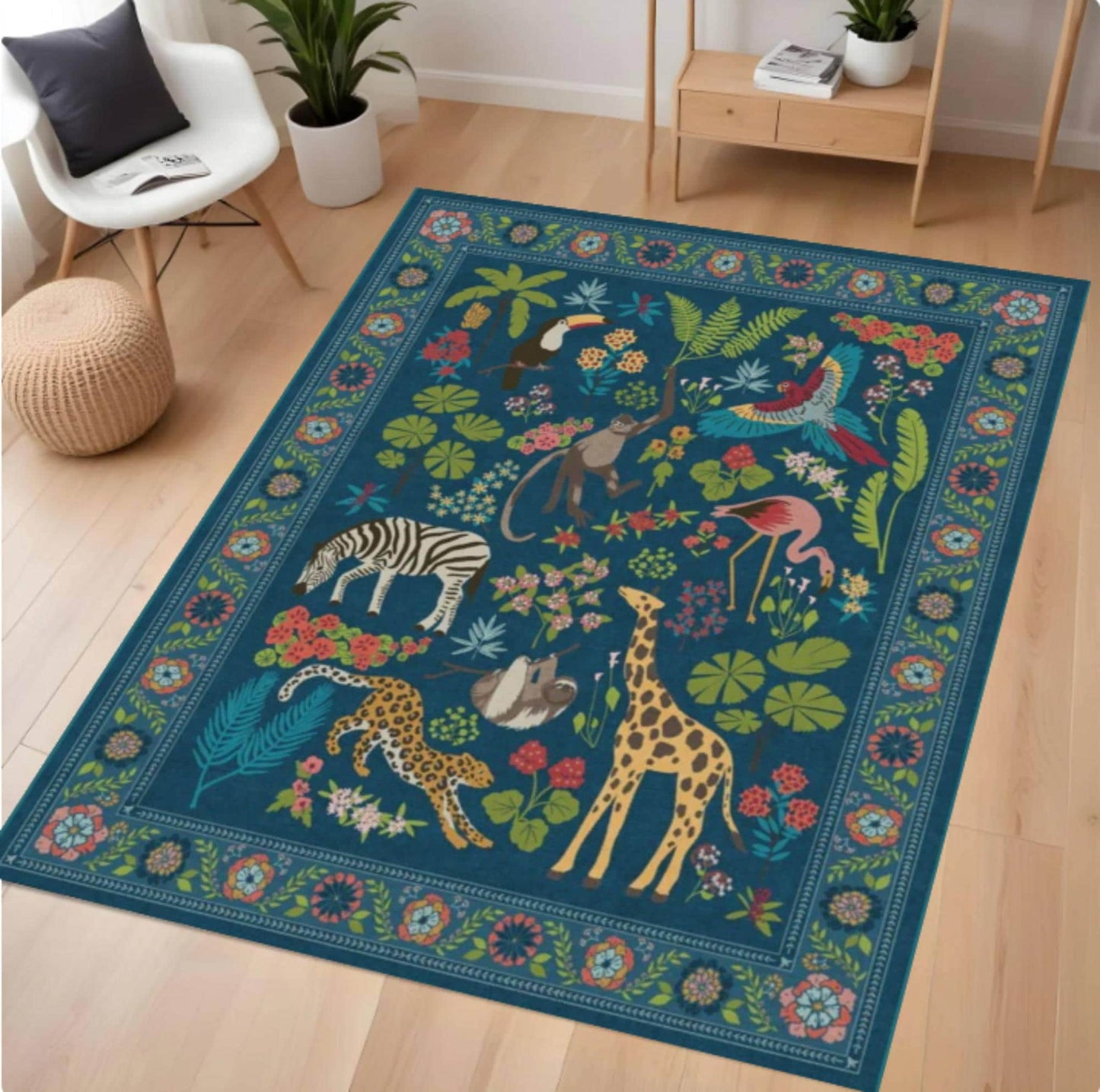 A rectangular area rug with a colorful safari animal and jungle design, shown on a light wood floor in a modern living room setting.