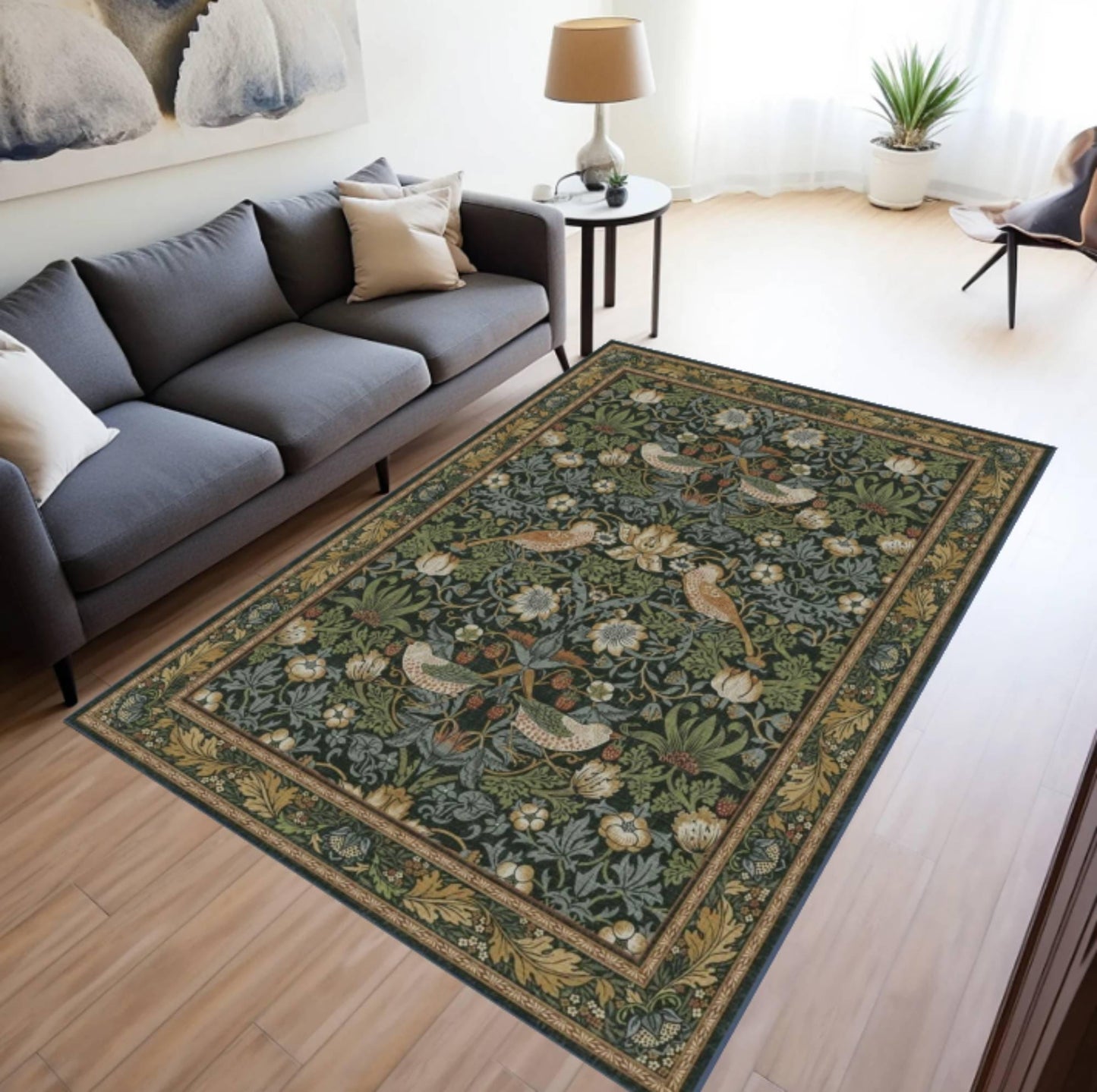 Rug in William Morris Style Vintage Botanical Bird Rug