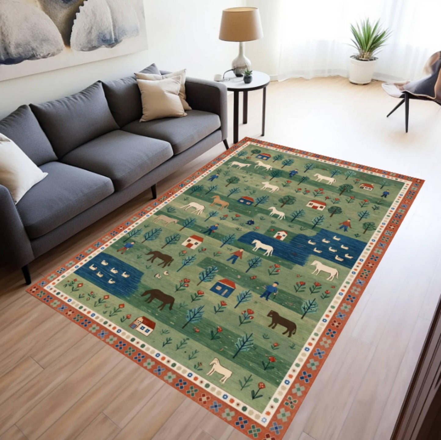 Folk Art Pastoral Scene Area Rug – Country Farm Landscape Washable Non-Slip