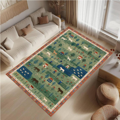Folk Art Pastoral Scene Area Rug – Country Farm Landscape Washable Non-Slip