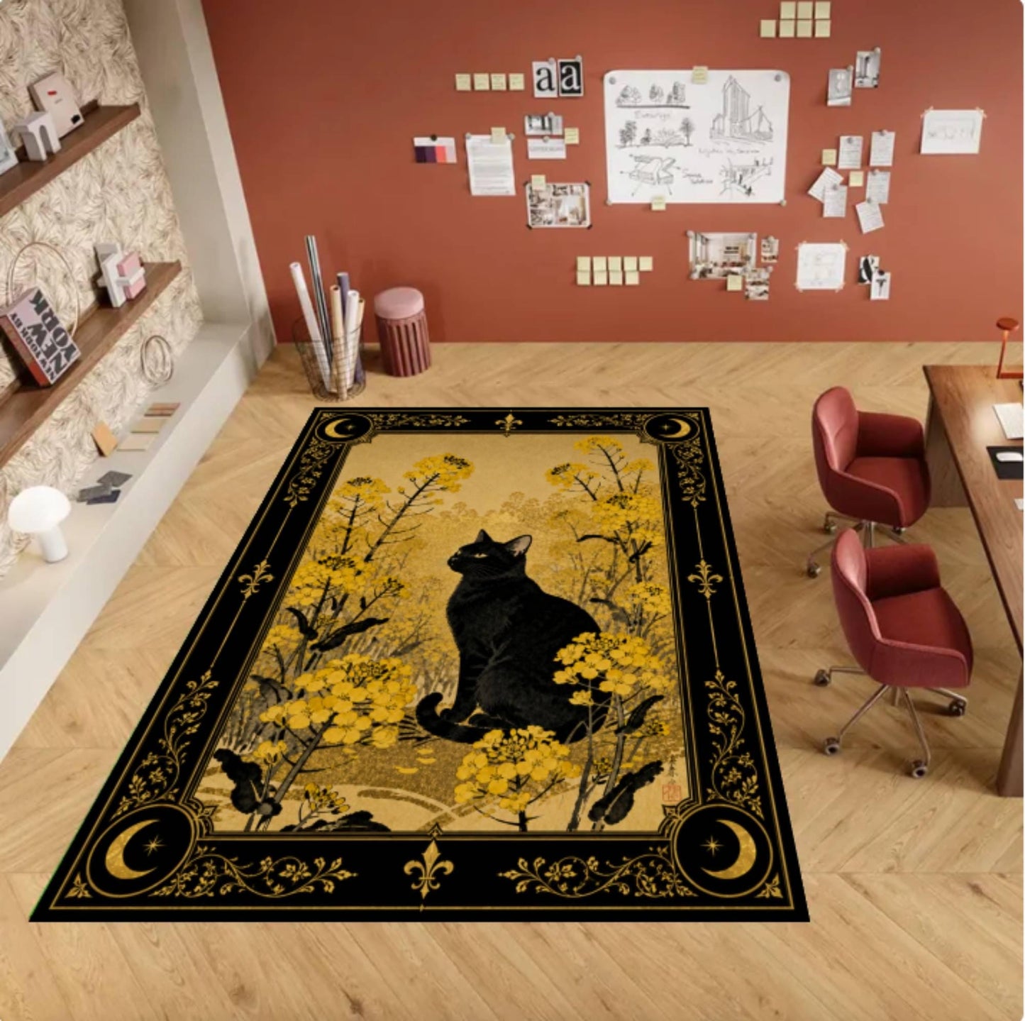 Black Cat Halloween Rug - Gothic Witchy Floral Dark Academia Cottagecore Rug