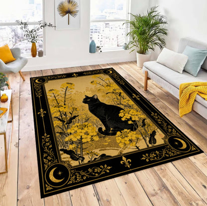 Black Cat Halloween Rug - Gothic Witchy Floral Dark Academia Cottagecore Rug