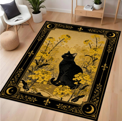 Black Cat Halloween Rug - Gothic Witchy Floral Dark Academia Cottagecore Rug