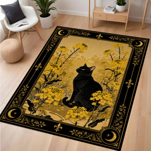 Black Cat Halloween Rug - Gothic Witchy Floral Dark Academia Cottagecore Rug