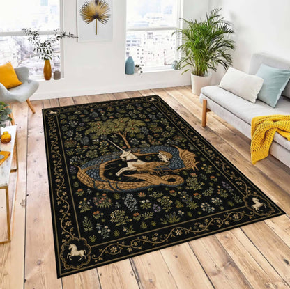 Gothic Dragon & Unicorn Area Rug – Medieval Tapestry Style Washable Non-Slip