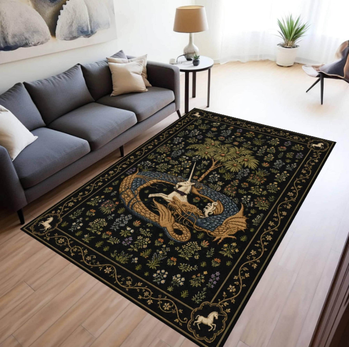 Gothic Dragon & Unicorn Area Rug – Medieval Tapestry Style Washable Non-Slip