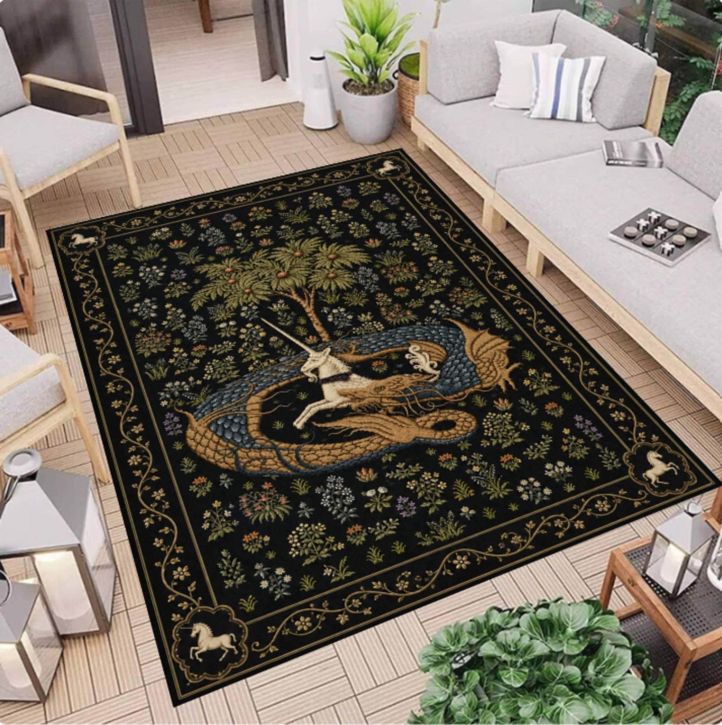Gothic Dragon & Unicorn Area Rug – Medieval Tapestry Style Washable Non-Slip