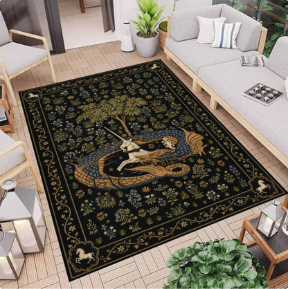 Gothic Dragon & Unicorn Area Rug – Medieval Tapestry Style Washable Non-Slip