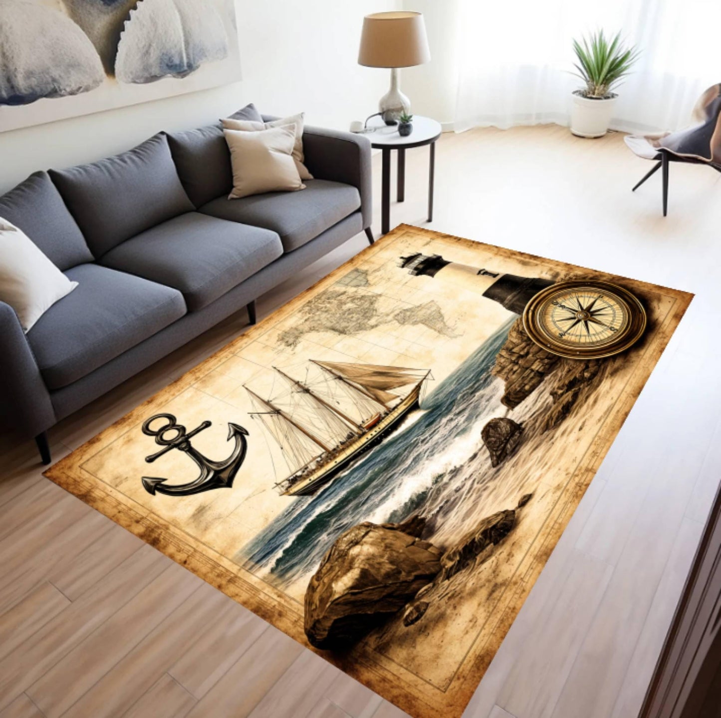 Vintage Nautical Lighthouse Rug - Washable Non-Slip Beach House Ocean Theme Rug
