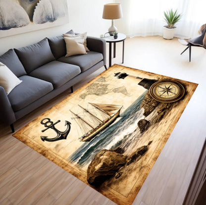 Vintage Nautical Lighthouse Rug - Washable Non-Slip Beach House Ocean Theme Rug