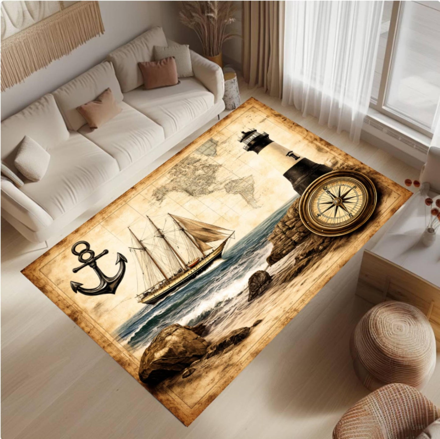 Vintage Nautical Lighthouse Rug - Washable Non-Slip Beach House Ocean Theme Rug