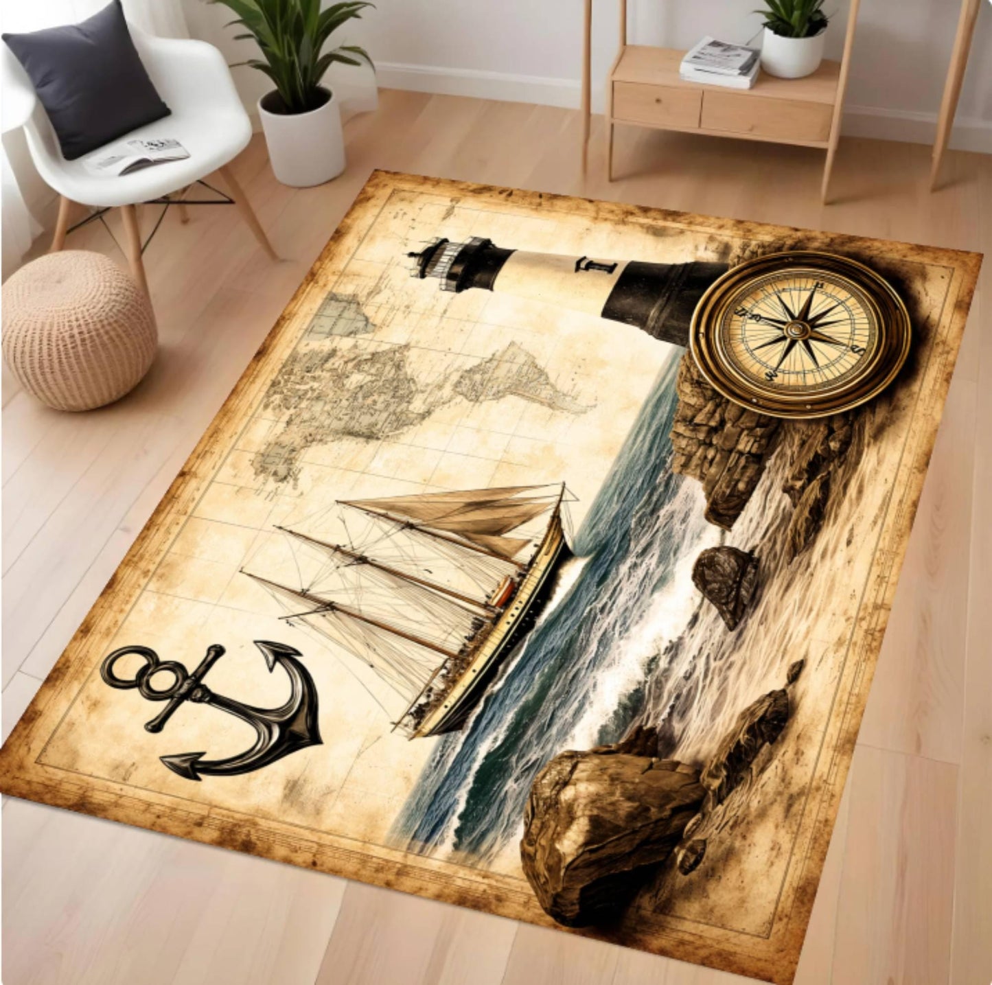 A rectangular area rug with a vintage nautical design featuring a lighthouse, compass rose, sailboat, anchor, and rocky coastline on an aged parchment-style background, shown in a modern living room setting.
