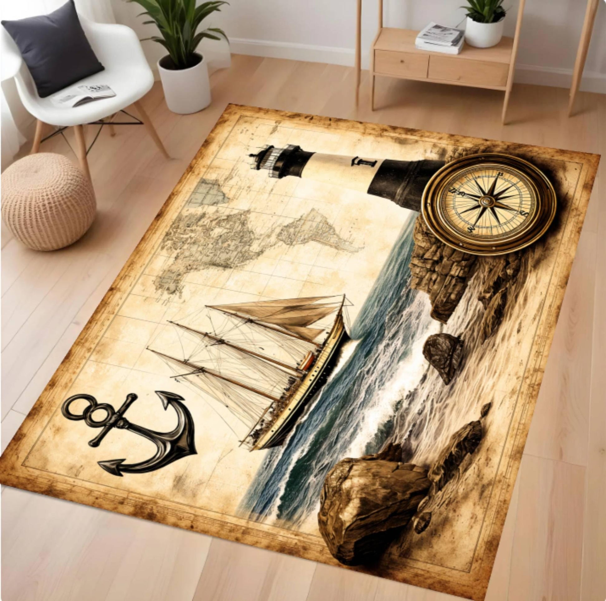 A rectangular area rug with a vintage nautical design featuring a lighthouse, compass rose, sailboat, anchor, and rocky coastline on an aged parchment-style background, shown in a modern living room setting.