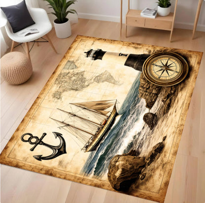 A rectangular area rug with a vintage nautical design featuring a lighthouse, compass rose, sailboat, anchor, and rocky coastline on an aged parchment-style background, shown in a modern living room setting.
