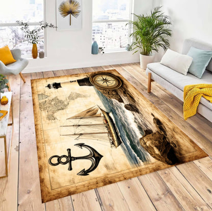 Vintage Nautical Lighthouse Rug - Washable Non-Slip Beach House Ocean Theme Rug
