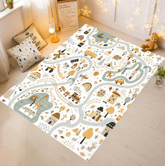 A rectangular play rug with a whimsical road-map style print featuring houses, trees, cars, and animals in beige, gray, and muted blue on a white background, styled in a bright child's room.