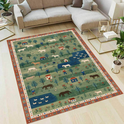Folk Art Pastoral Scene Area Rug – Country Farm Landscape Washable Non-Slip