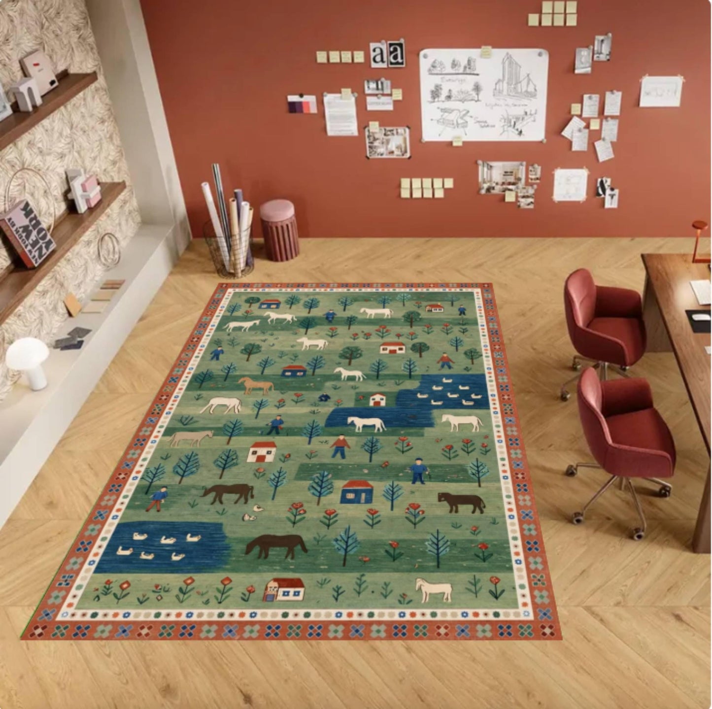 Folk Art Pastoral Scene Area Rug – Country Farm Landscape Washable Non-Slip