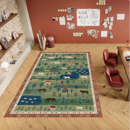 Folk Art Pastoral Scene Area Rug – Country Farm Landscape Washable Non-Slip