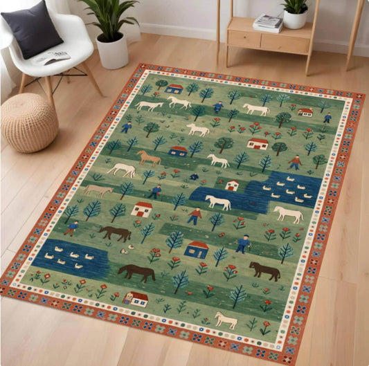 A rectangular area rug with a colorful pastoral farm and village scene, displayed on a light wood floor in a modern living room setting.