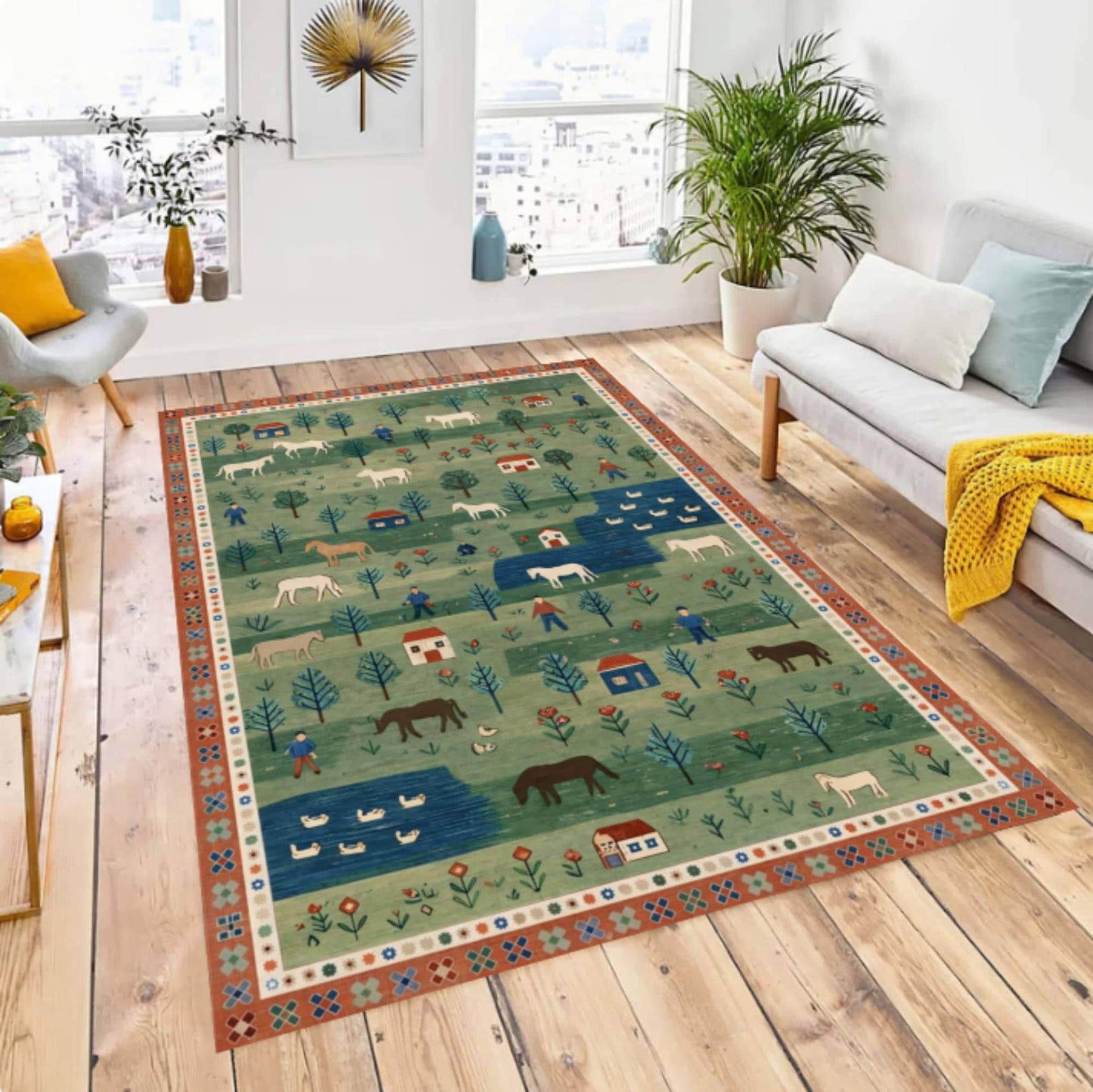 Folk Art Pastoral Scene Area Rug – Country Farm Landscape Washable Non-Slip