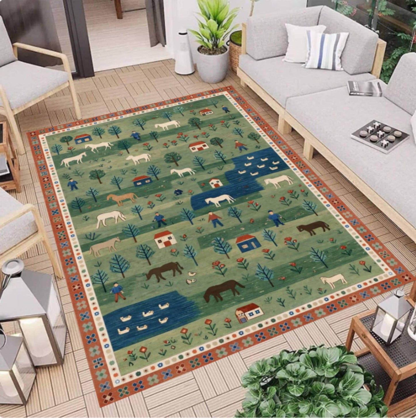 Folk Art Pastoral Scene Area Rug – Country Farm Landscape Washable Non-Slip