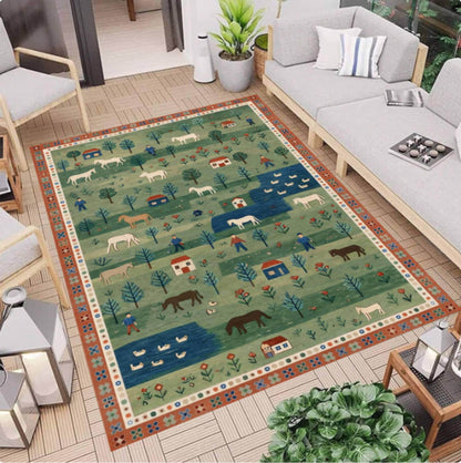 Folk Art Pastoral Scene Area Rug – Country Farm Landscape Washable Non-Slip