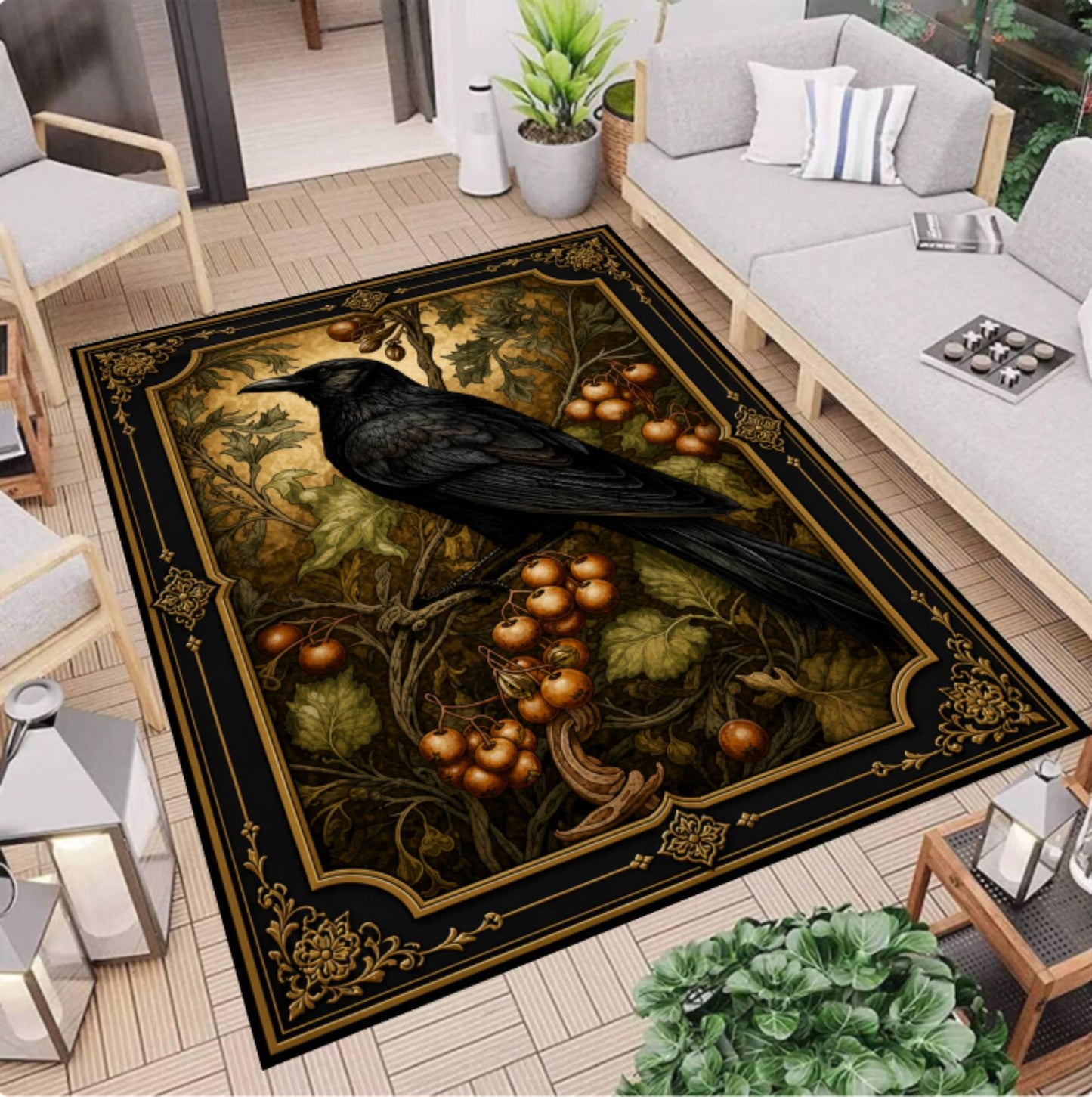 Rug Gothic Raven Dark Academia Crow-tapijt Moody Botanical Decor Rug