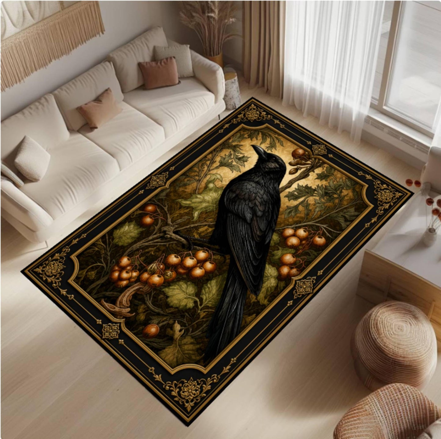 Rug Gothic Raven Dark Academia Crow-tapijt Moody Botanical Decor Rug