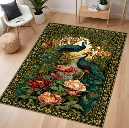 A rectangular area rug with an ornate border and a detailed print of peacocks and large flowers, shown placed on a light wood floor in a styled living room with a chair, plant, and side table visible.
