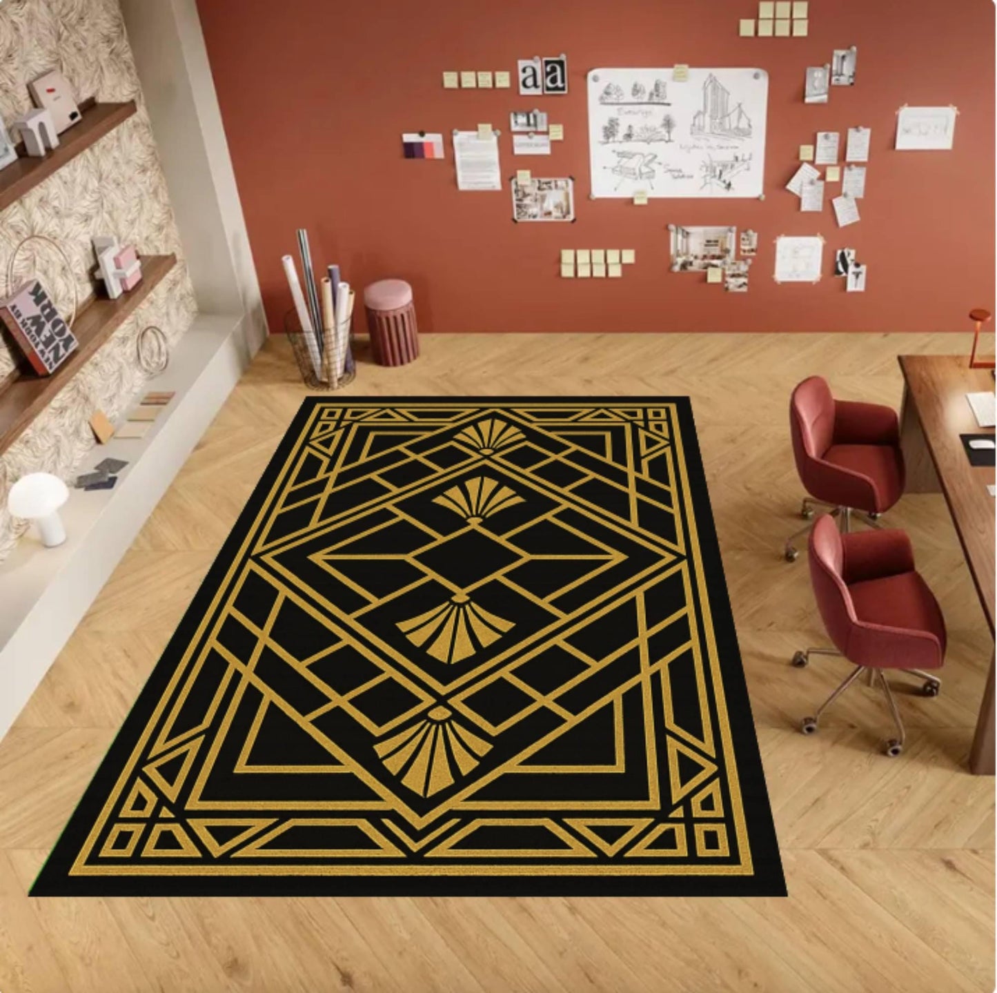 Art Deco Black & Gold Geometric Rug - Modern Glam Living Room Rug