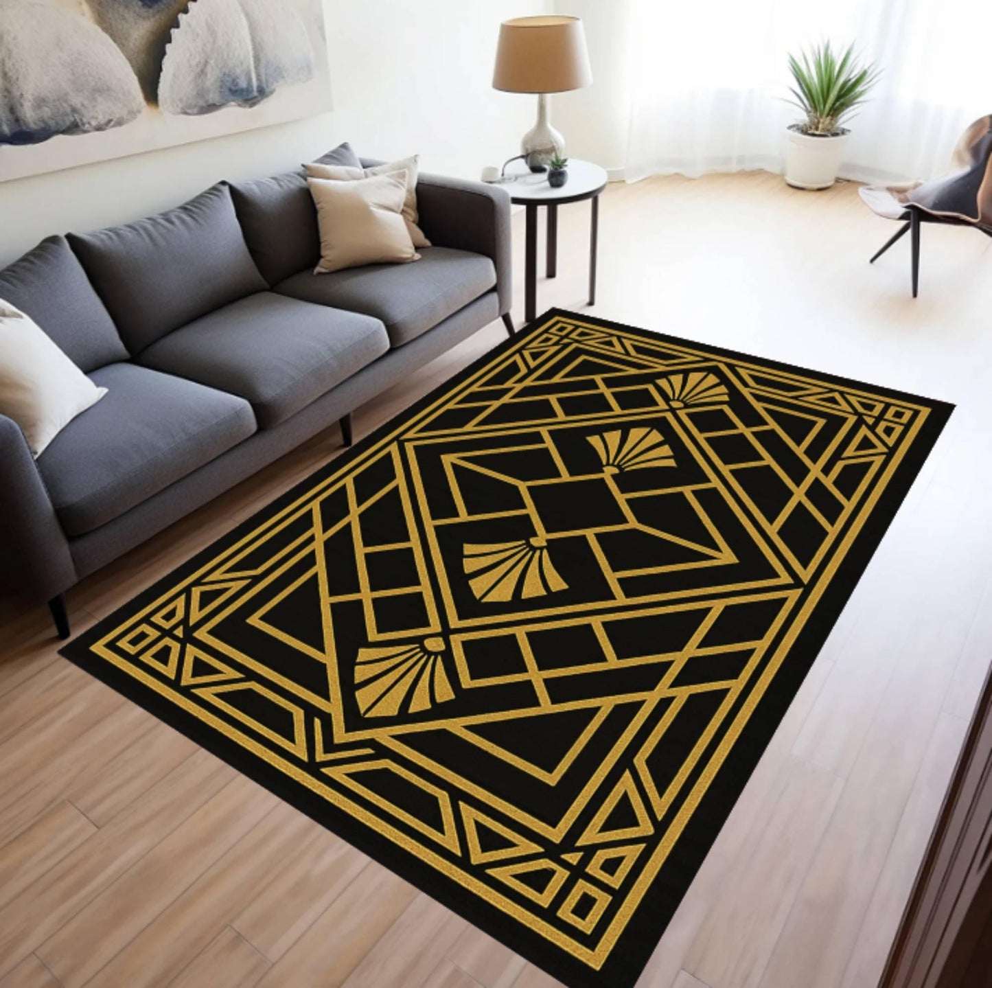 Art Deco Black & Gold Geometric Rug - Modern Glam Living Room Rug