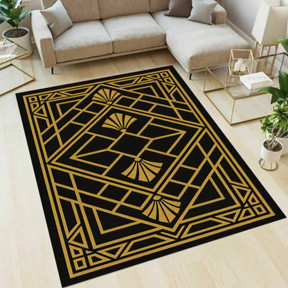 Art Deco Black & Gold Geometric Rug - Modern Glam Living Room Rug