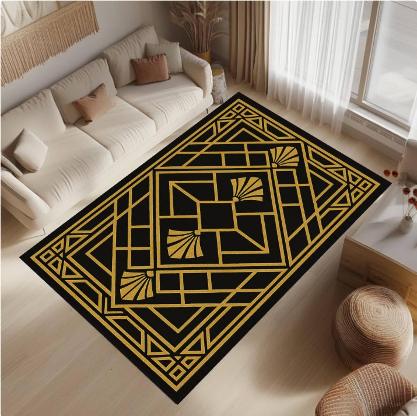Art Deco Black & Gold Geometric Rug - Modern Glam Living Room Rug